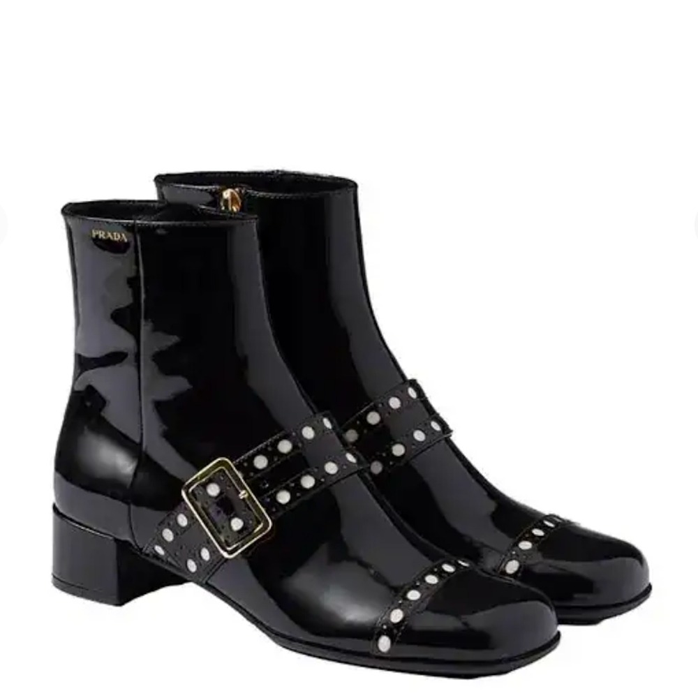 Prada 1T817N Women's Black Patent Leather Beaded Ankle Boot, sz 37.5 - Picture 2 of 16